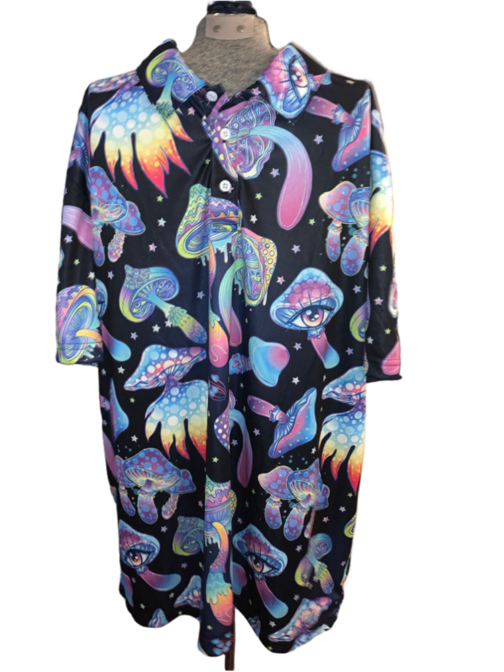 Men's Unbranded Polo Shirt XL Black Multicolor Mushroom Print